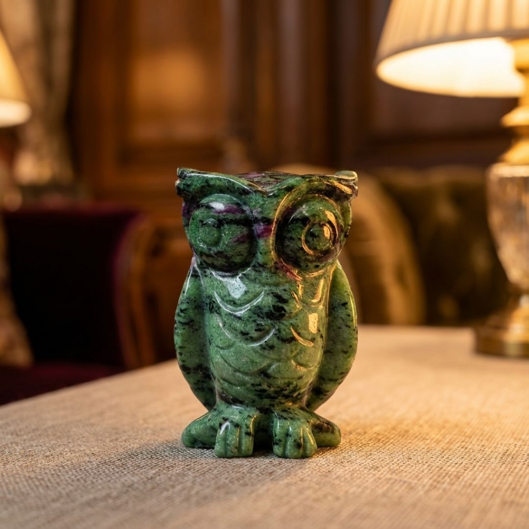 Handcrafted Zoisite Owl Sculpture in Natural Stone