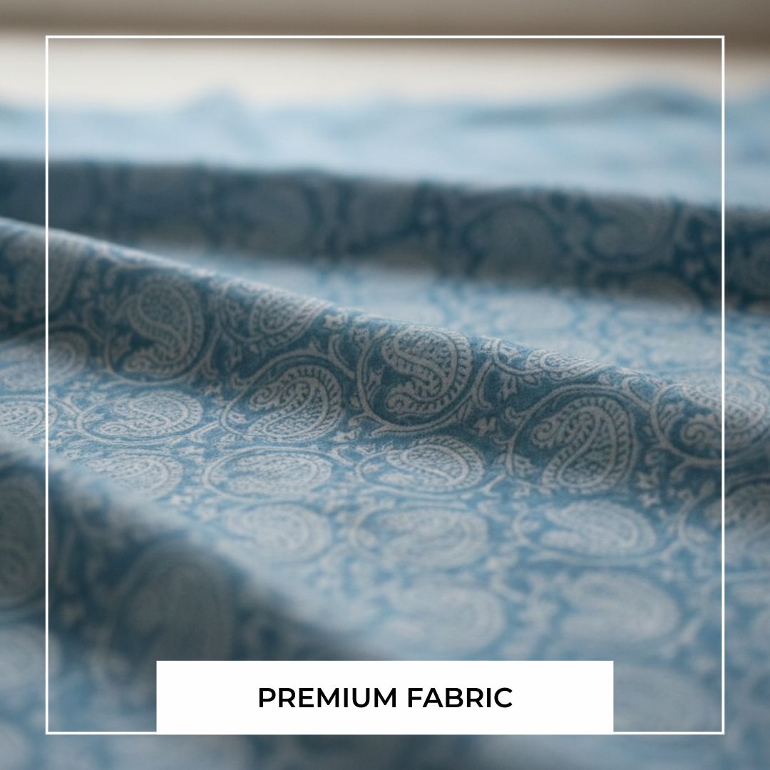 Single-Sided Block Printed Cotton Fabric in Blue Check Pattern