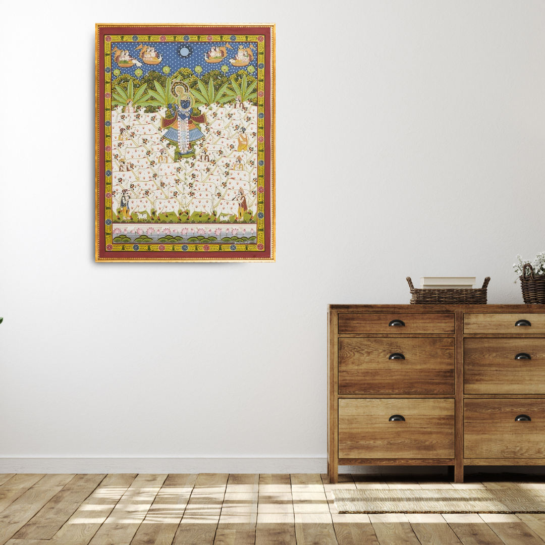 Pichwai Krishna Playing Bansuri with Multiple White Cows