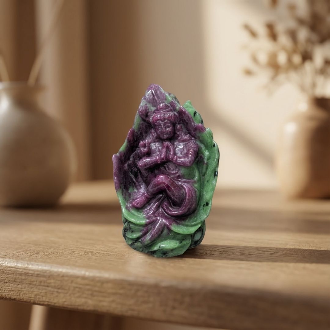 Ruby Zoisite Hand Carved Krishna Idol for Spiritual Décor