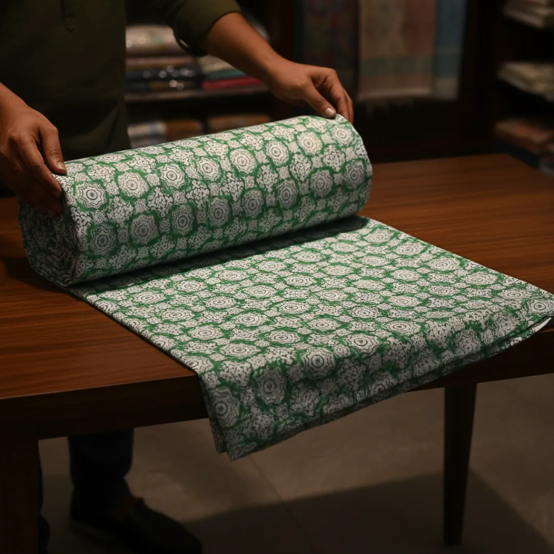 Single-Sided Hand Block Printed Mal Cotton Fabric – Green Floral Motif | Sold Per Meter