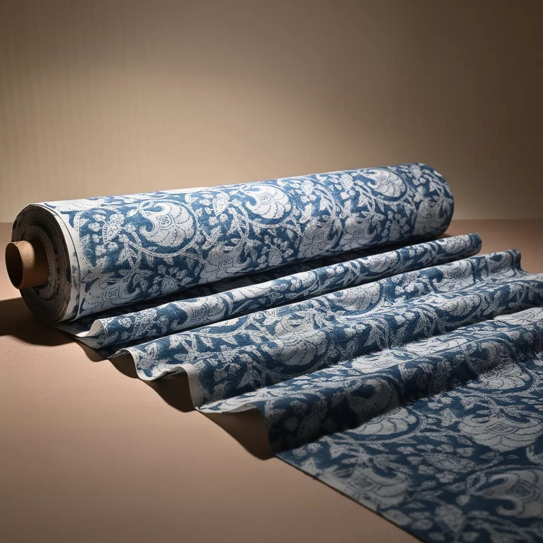 Single-Sided Block Printed Mal Cotton Fabric in Blue Floral Pattern