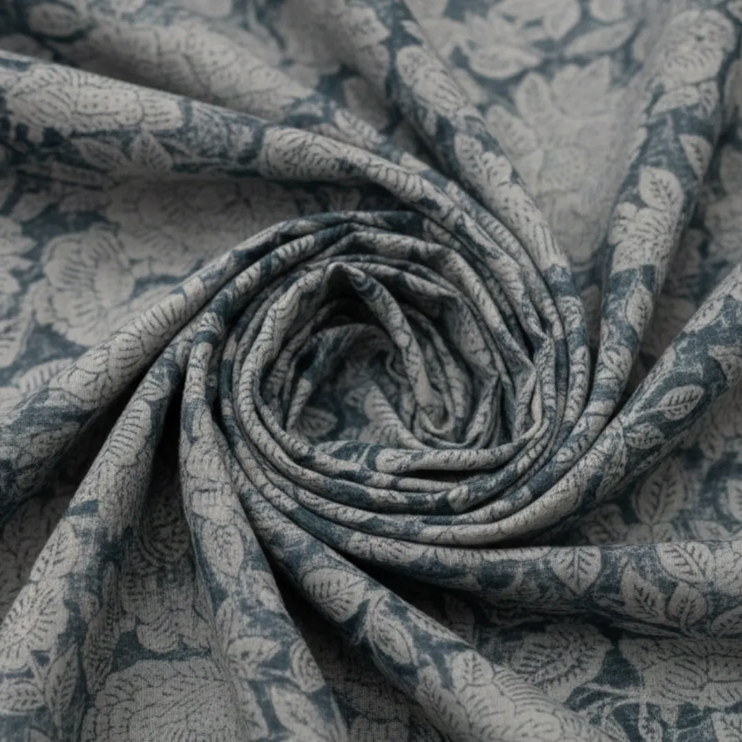 Single-Sided Hand Block Printed Mal Cotton Fabric – Blue Floral Motif | Sold Per Meter