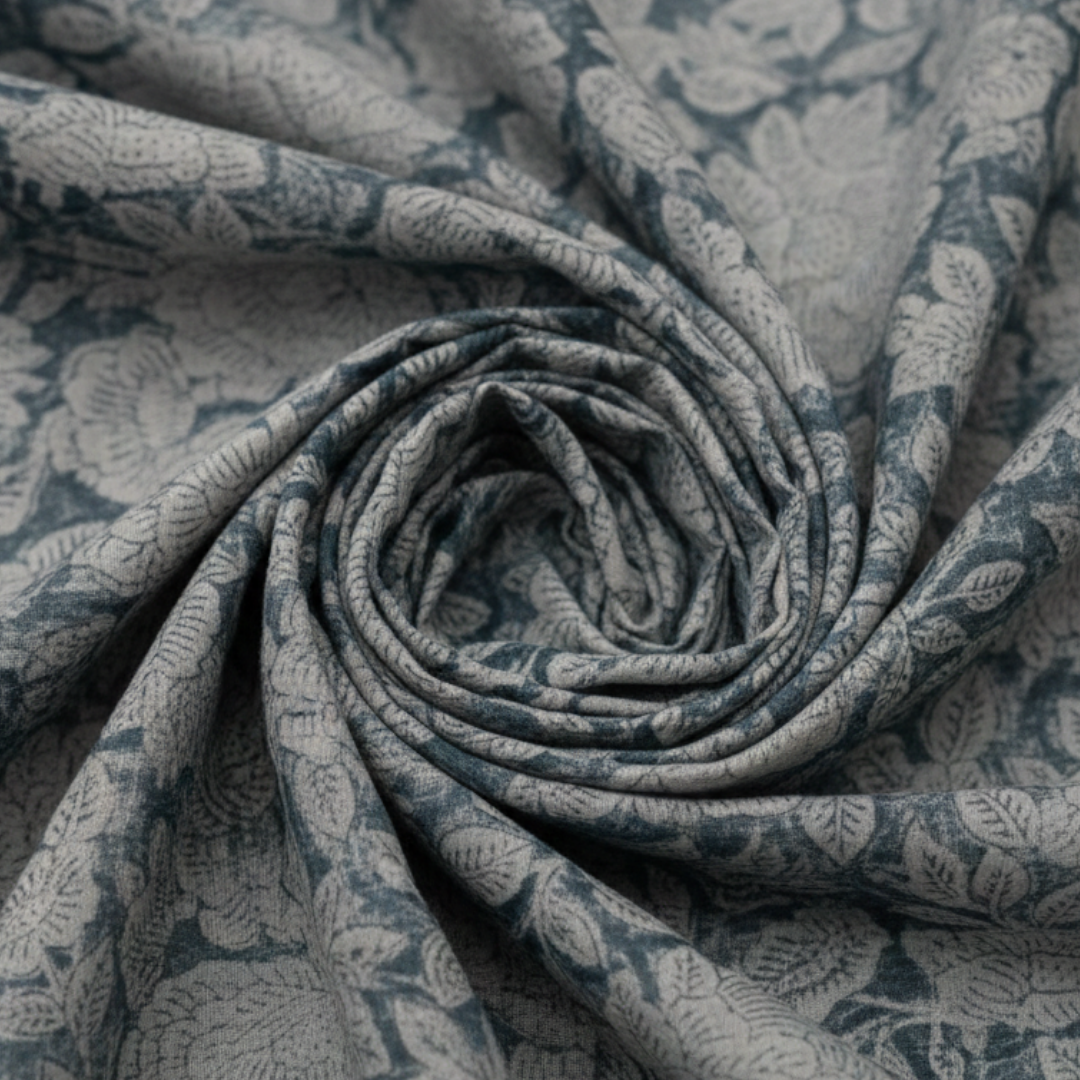 Single-Sided Block Printed Mal Cotton Fabric in Blue Floral Motif