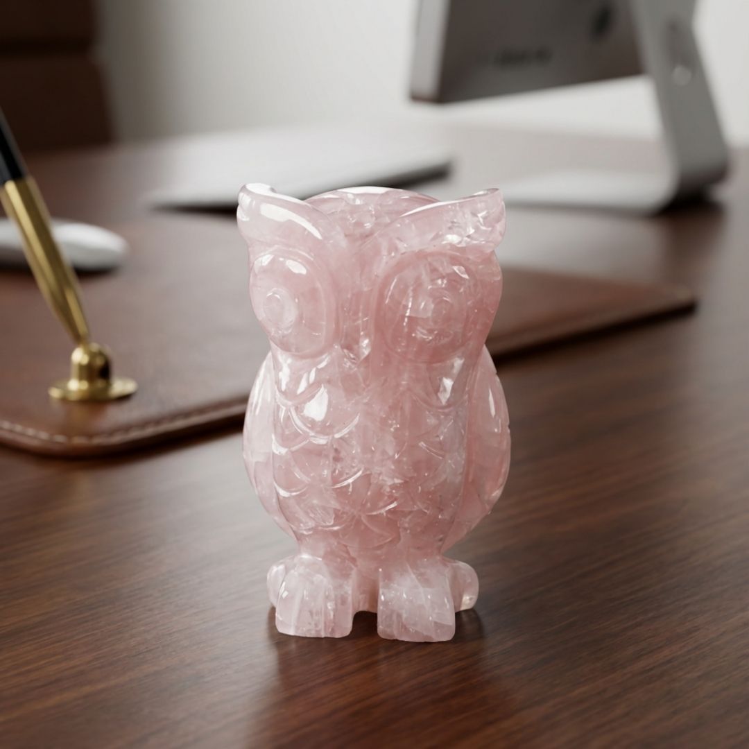Rose Quartz Owl Sculpture for Home Decor and Positive Energy