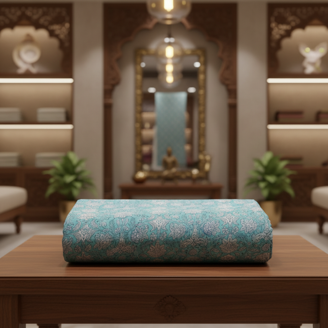 Single-Sided Block Printed Mal Cotton Fabric in Teal Floral Pattern