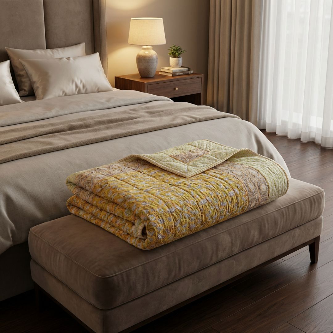 Single Double-Sided Block Printed Cotton Comforter in Yellow Floral Pattern
