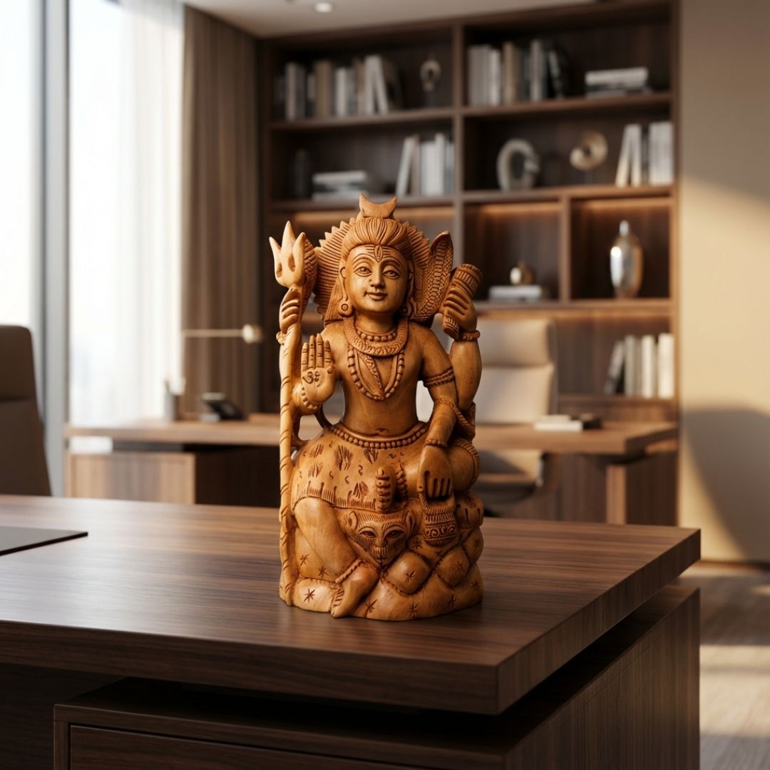 Mini Sandalwood Lord Shiva Idol with Om Hand and Trishul Carving