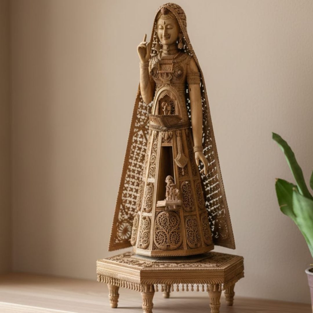 Pure Sandalwood Royal Lady Sculpture with Intricate Shrine Carving