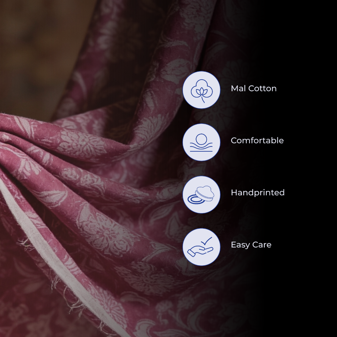 Single-Sided Block Printed Mal Cotton Fabric in Pink Floral Pattern