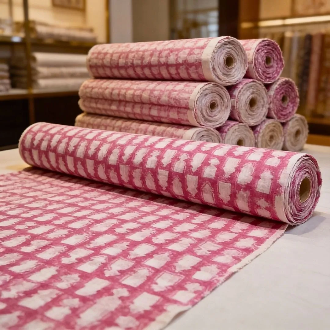 Single-Sided Hand Block Printed Mal Cotton Fabric – Red Geometric | Sold Per Meter