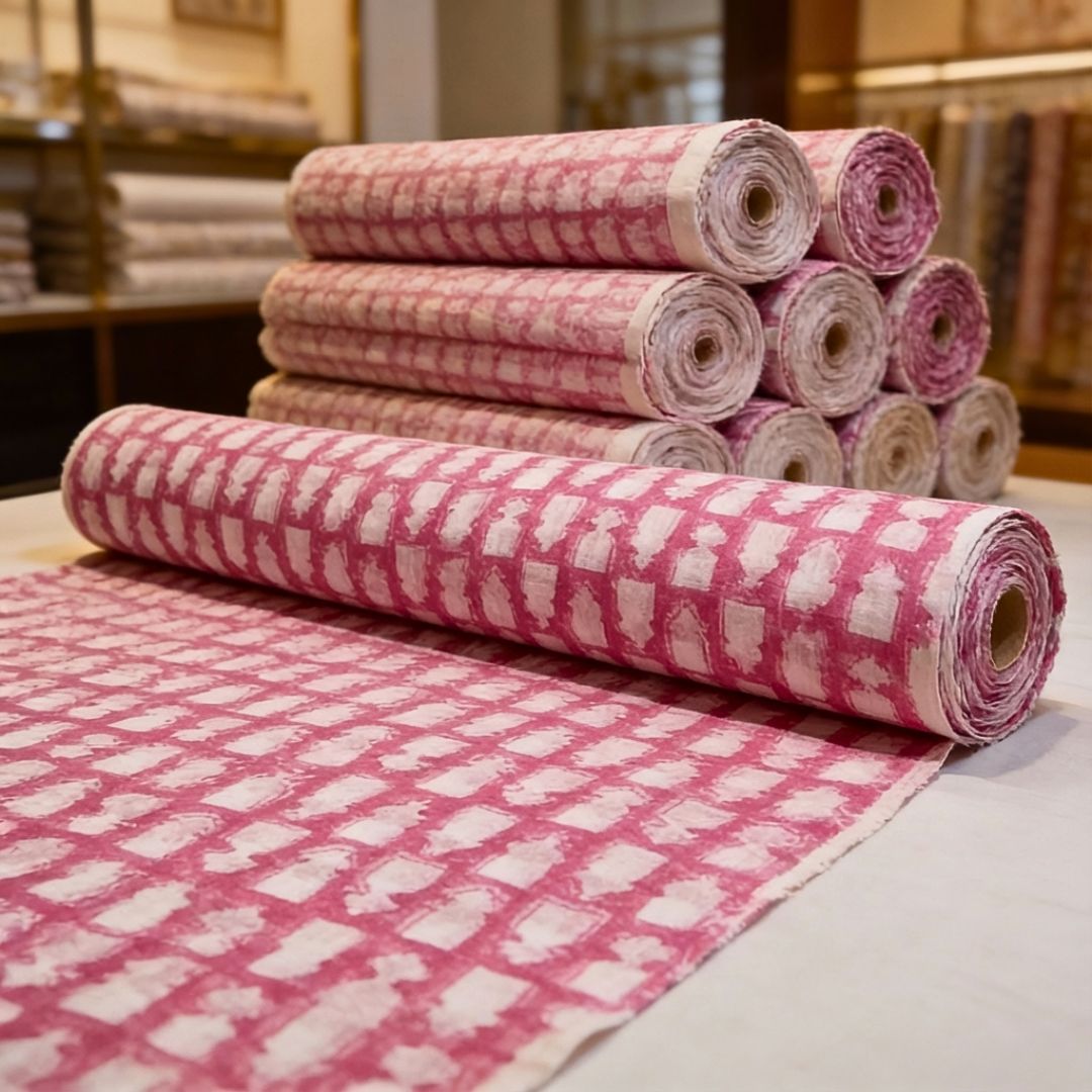 Single-Sided Block Printed Mal Cotton Fabric in Red Geometric Pattern