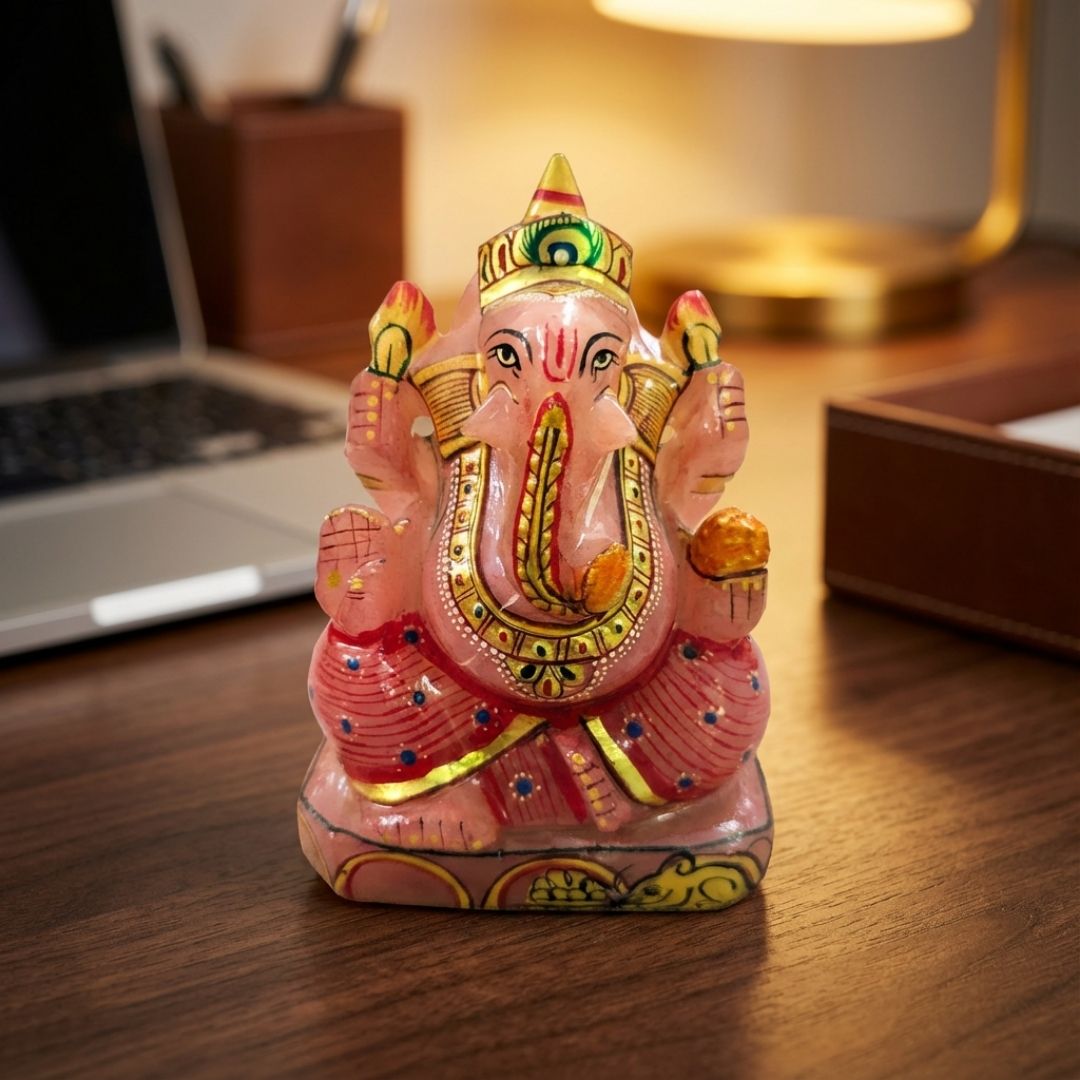 Gemstone Rose Quartz Printed Ganesha Idol for Home and Spiritual Decor