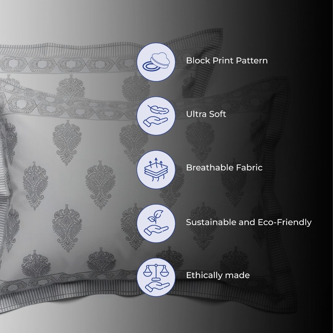 Single-Sided Block Printed Double Bedsheet in Grey Motif