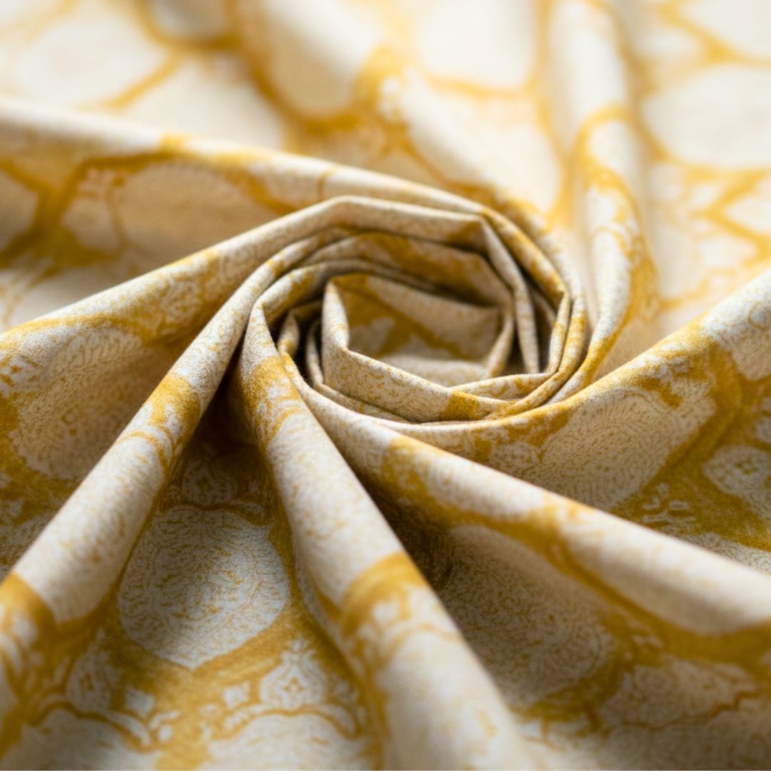 Single-Sided Block Printed Mal Cotton Fabric in Yellow Floral Pattern