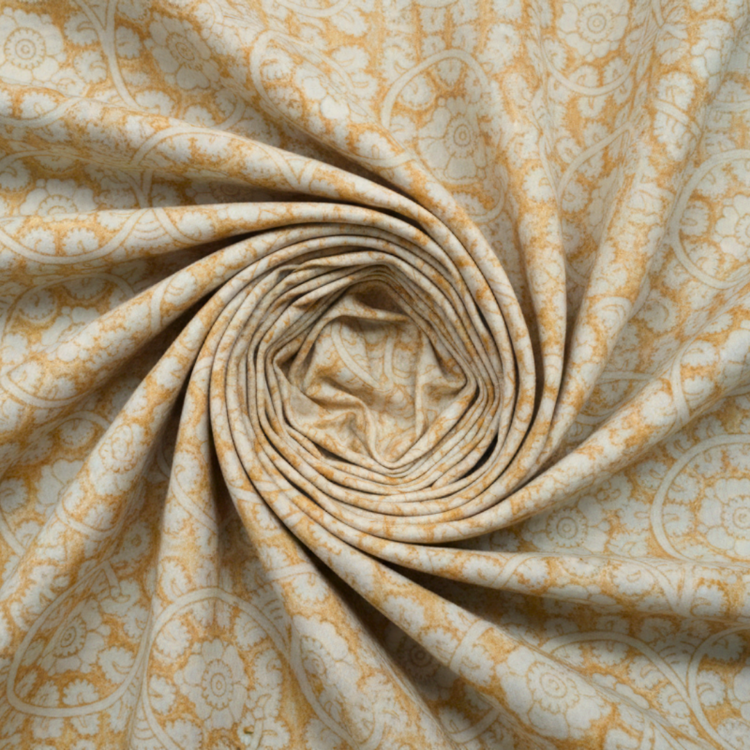 Single-Sided Block Printed Mal Cotton Fabric in Mustard Floral Pattern