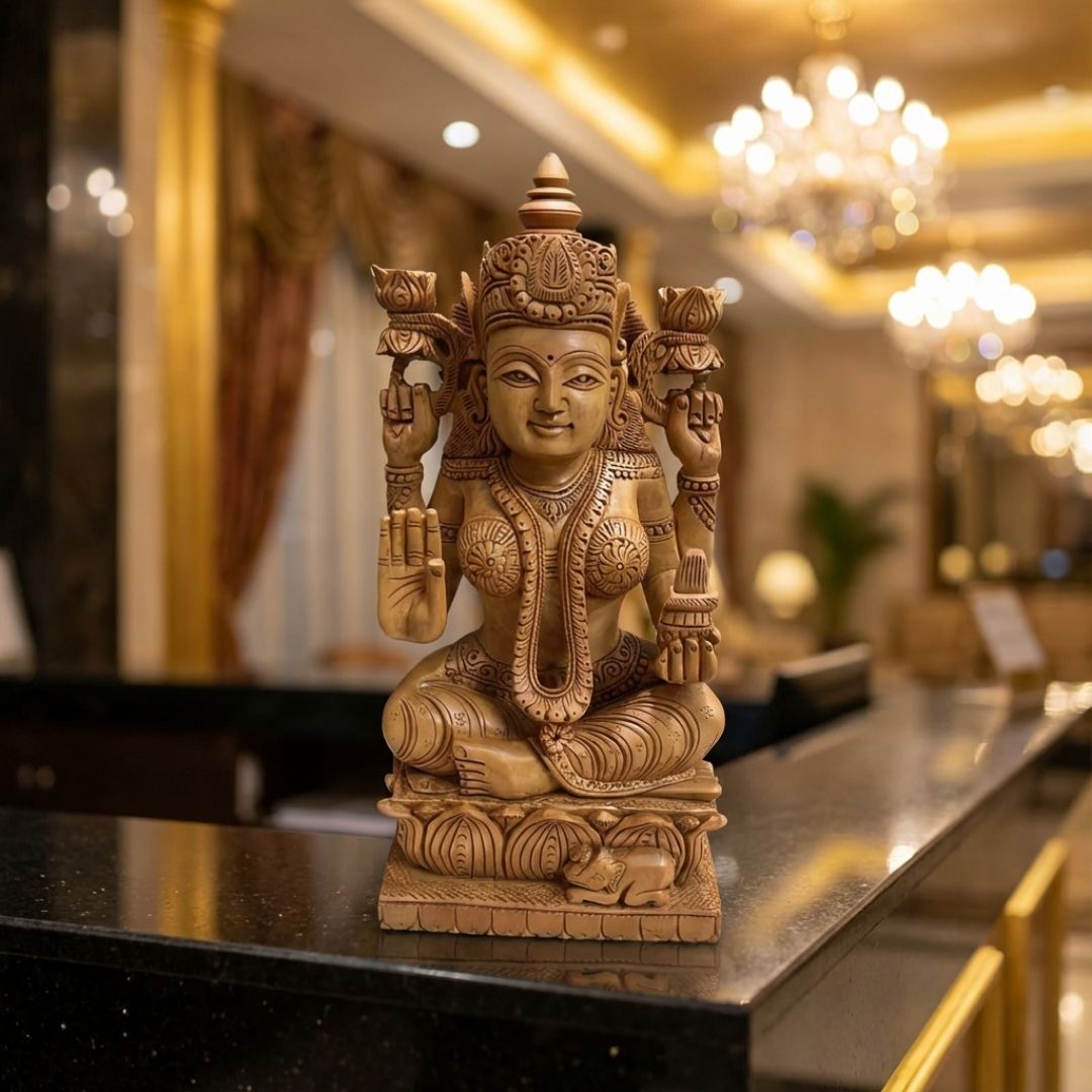 Lakshmi Mata Wooden Sculpture Sitting on Lotus with Kalash and Blessing Mudra