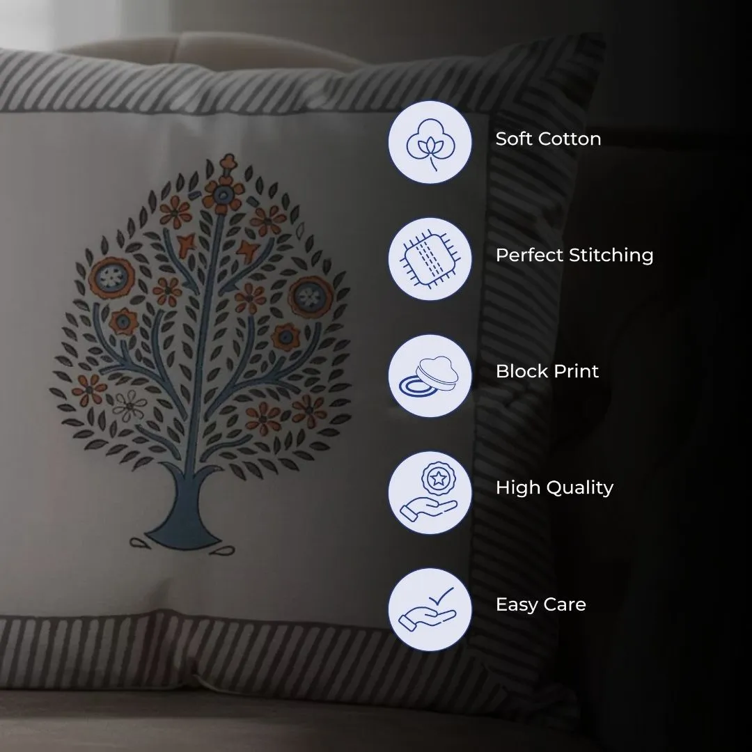 South Cotton Block Printed Cushion Covers with Central Floral Motif (Set of 2)