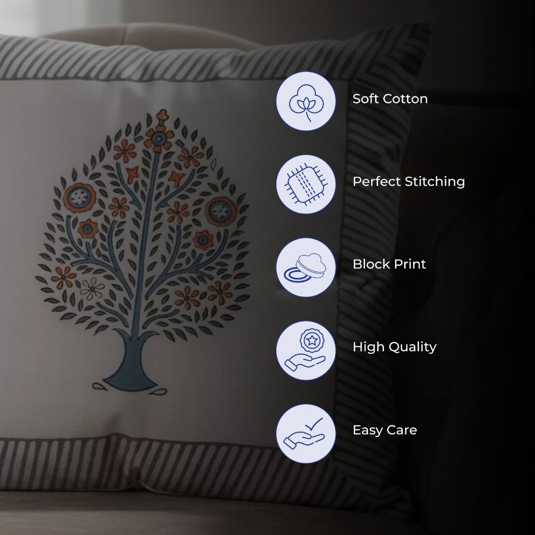 South Cotton Block Printed Cushion Covers with Central Floral Motif (Set of 2)