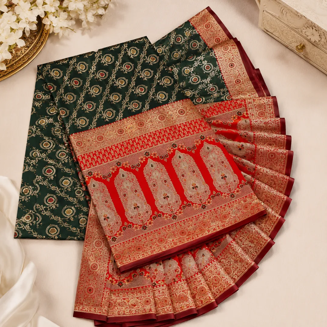 Handcrafted Dark Green & Red Puri Gazzi Satin Saree with Royal Zari Paisley Pallu & Blouse Piece