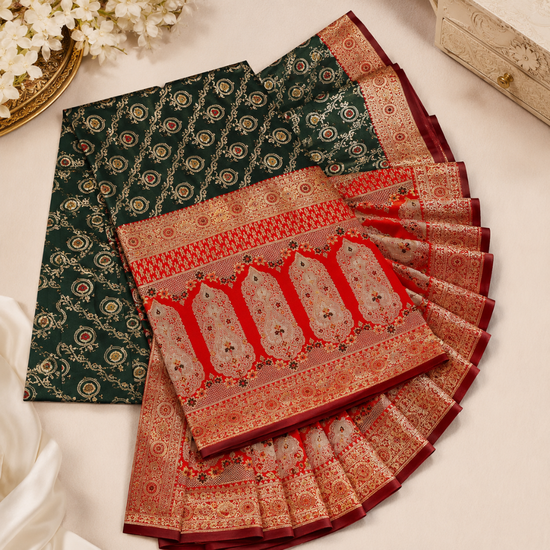 Handcrafted Dark Green & Red Puri Gazzi Satin Saree with Royal Zari Paisley Pallu & Blouse Piece