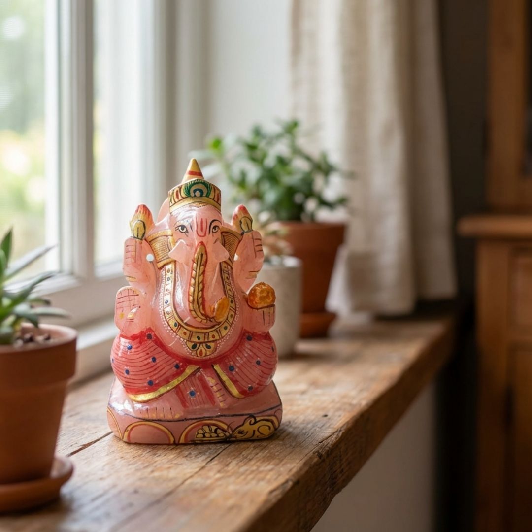 Hand-Carved Rose Quartz Ganesh Idol for Home Decor and Healing