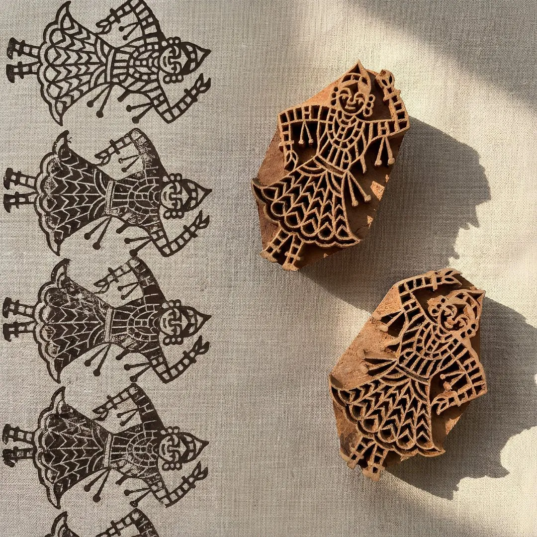 Handcrafted Gurjan Wood Block Pair with Dancing Woman Motif for Textile & Craft Printing