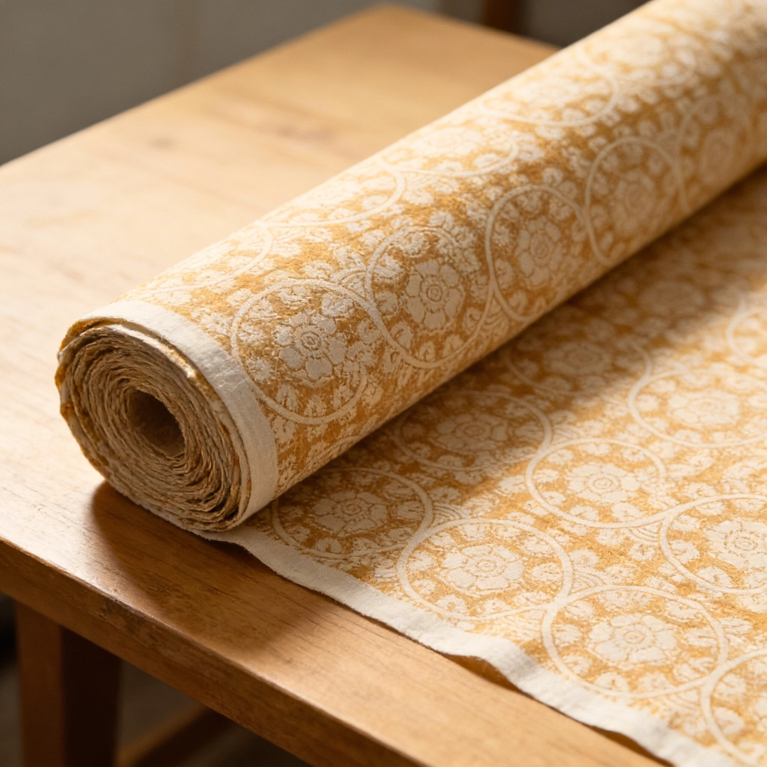 Single-Sided Block Printed Mal Cotton Fabric in Mustard Floral Pattern