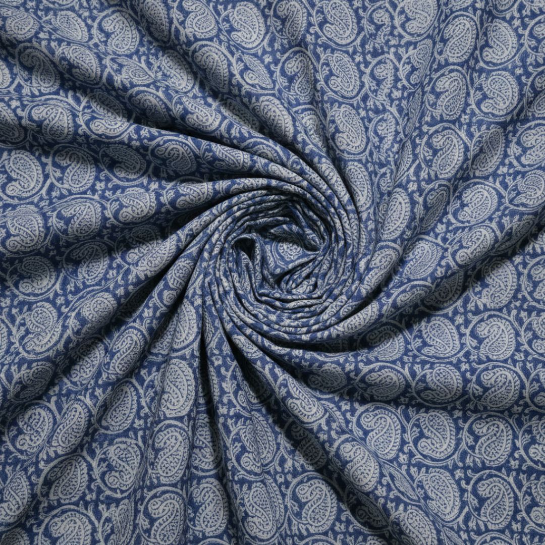 Single-Sided Block Printed Mal Cotton Fabric in Blue Geometric Pattern