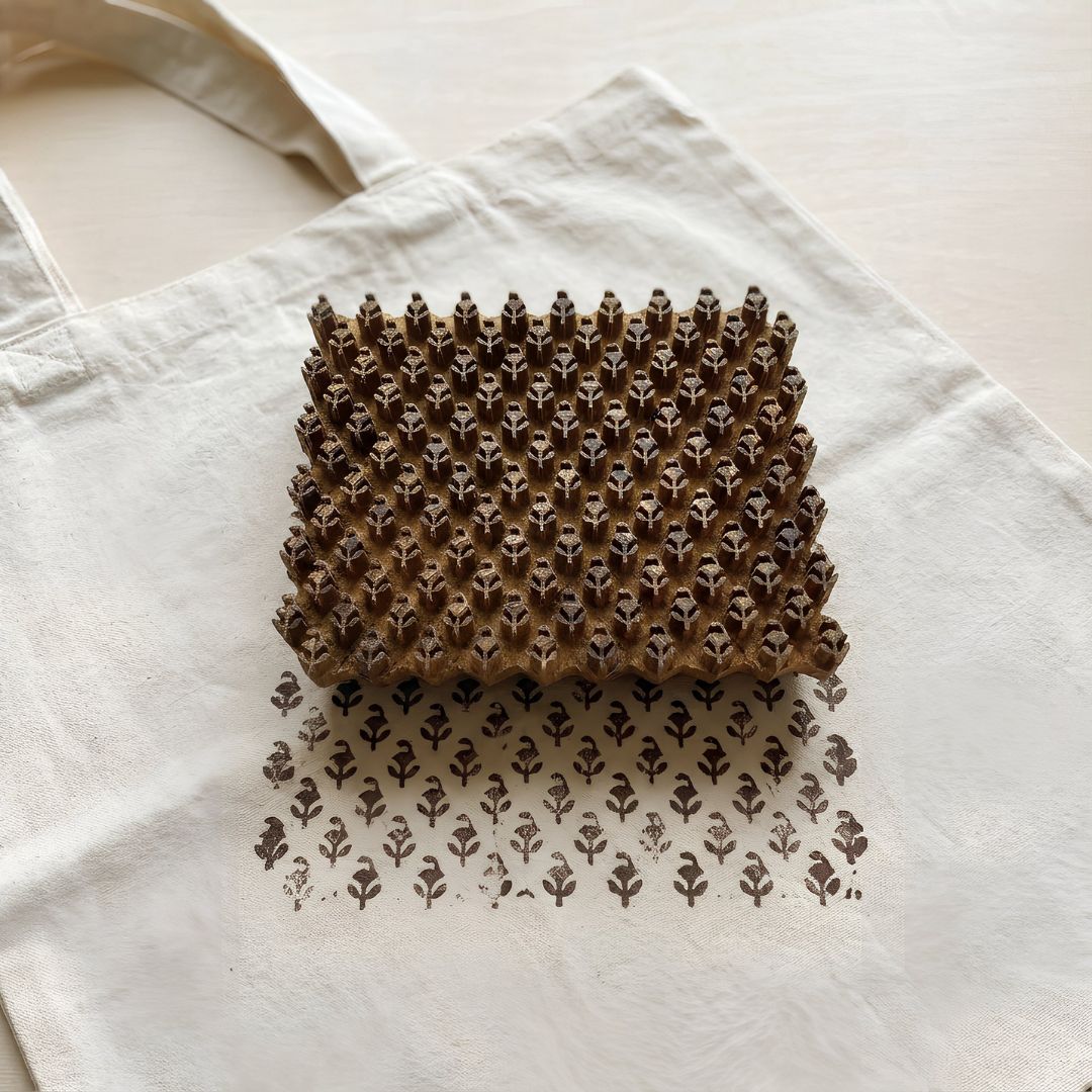 Sagwan Wood Hand-Carved Textile Printing Block with Geometric Floral Pattern