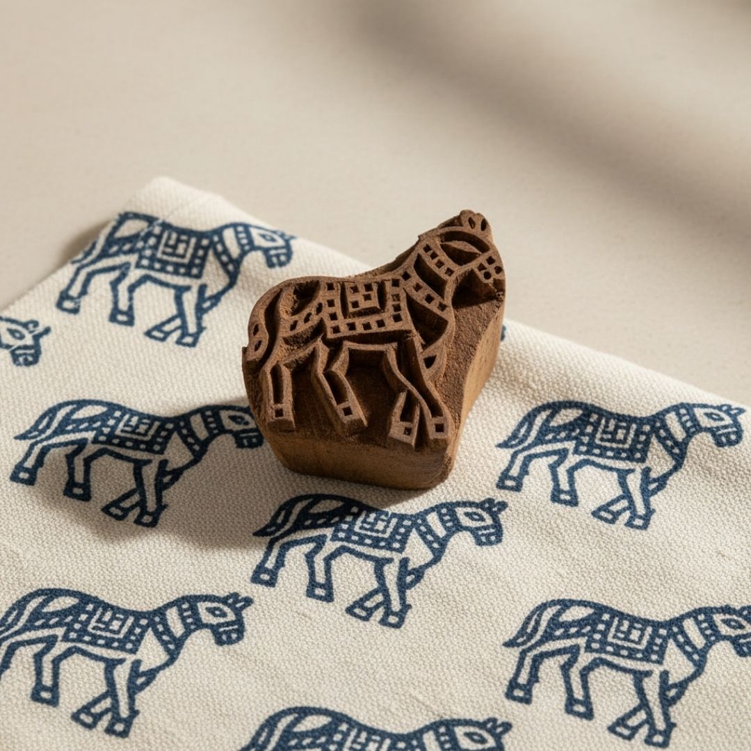 Mini Hand-Carved Roheda Wood Printing Block with Horse Motif