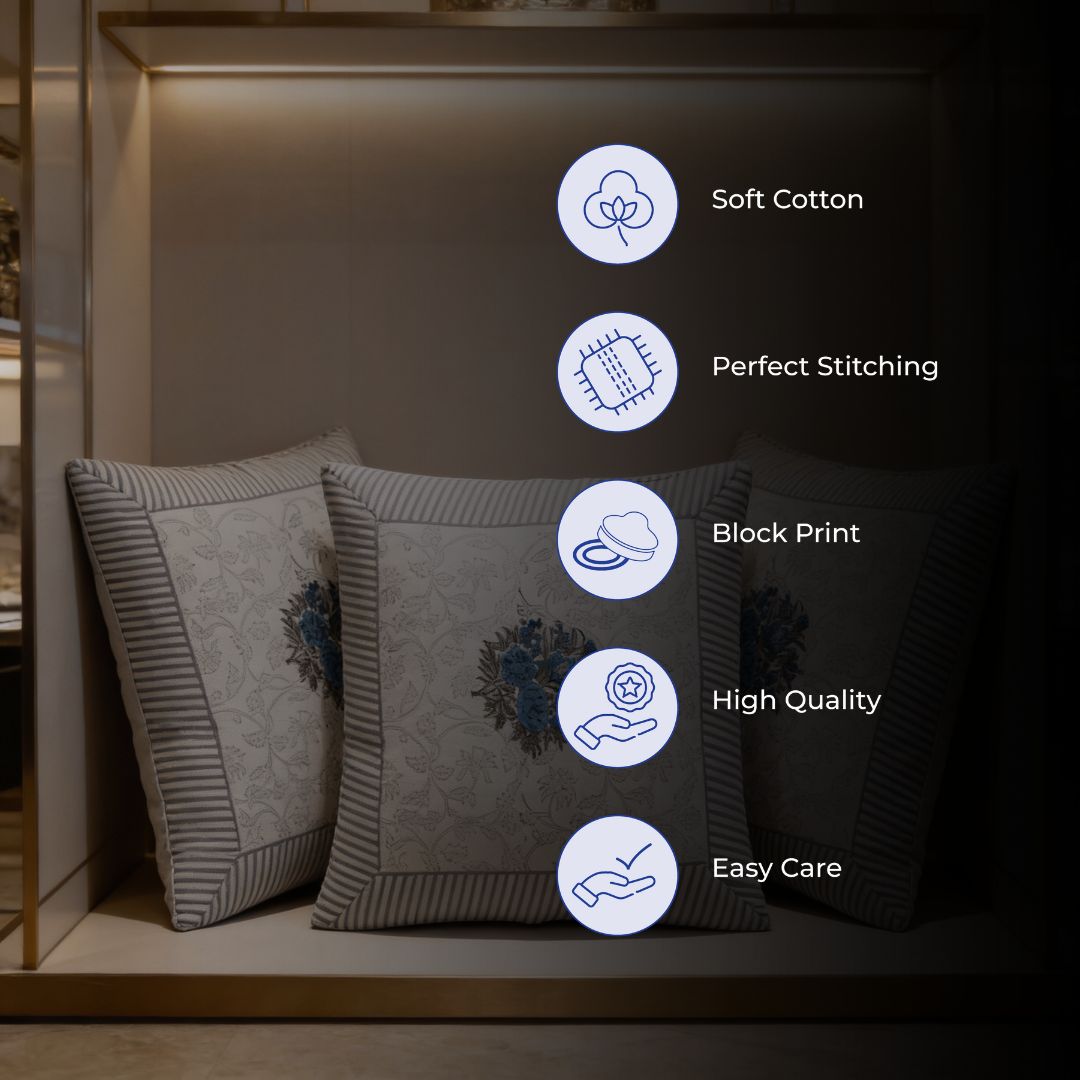 Block Printed Cotton Cushion Covers with Central Floral Motif (Set of 2)