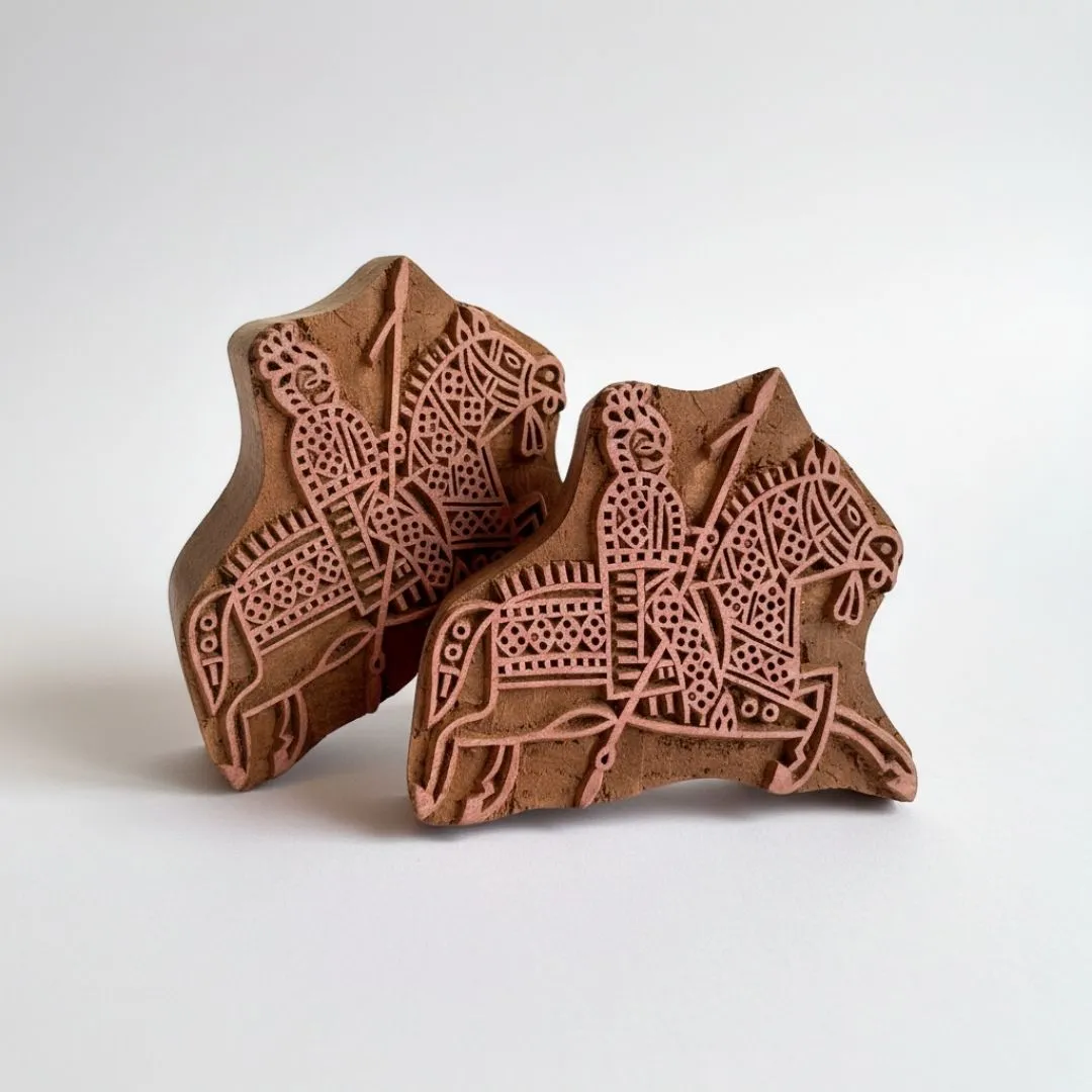 Handcrafted Gurjan Wood Warrior and Tiger Block for Textile Printing
