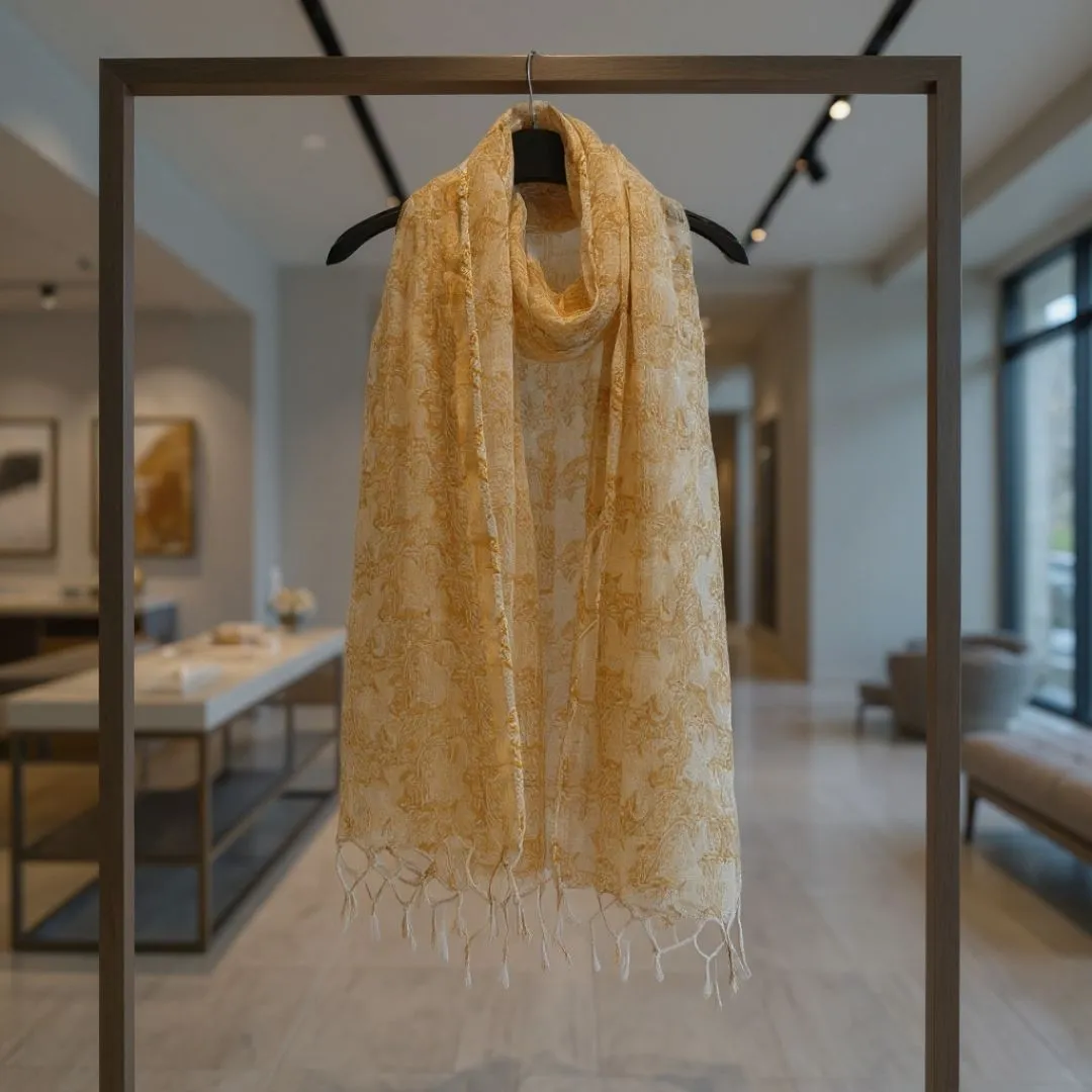 Hand Block Printed Kota Doriya Dupatta in Soft Yellow Floral Pattern