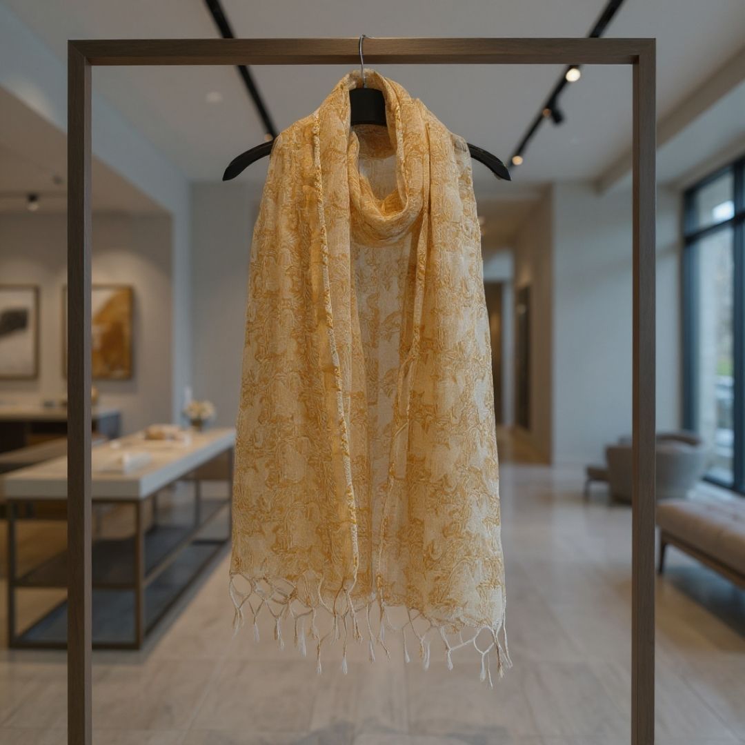 Hand Block Printed Kota Doriya Dupatta in Soft Yellow Floral Pattern