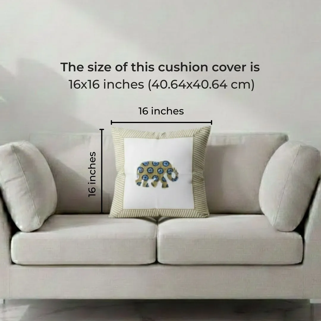 Hand Block Printed Cotton Cushion Covers with Central Elephant Motif (Set of 2)