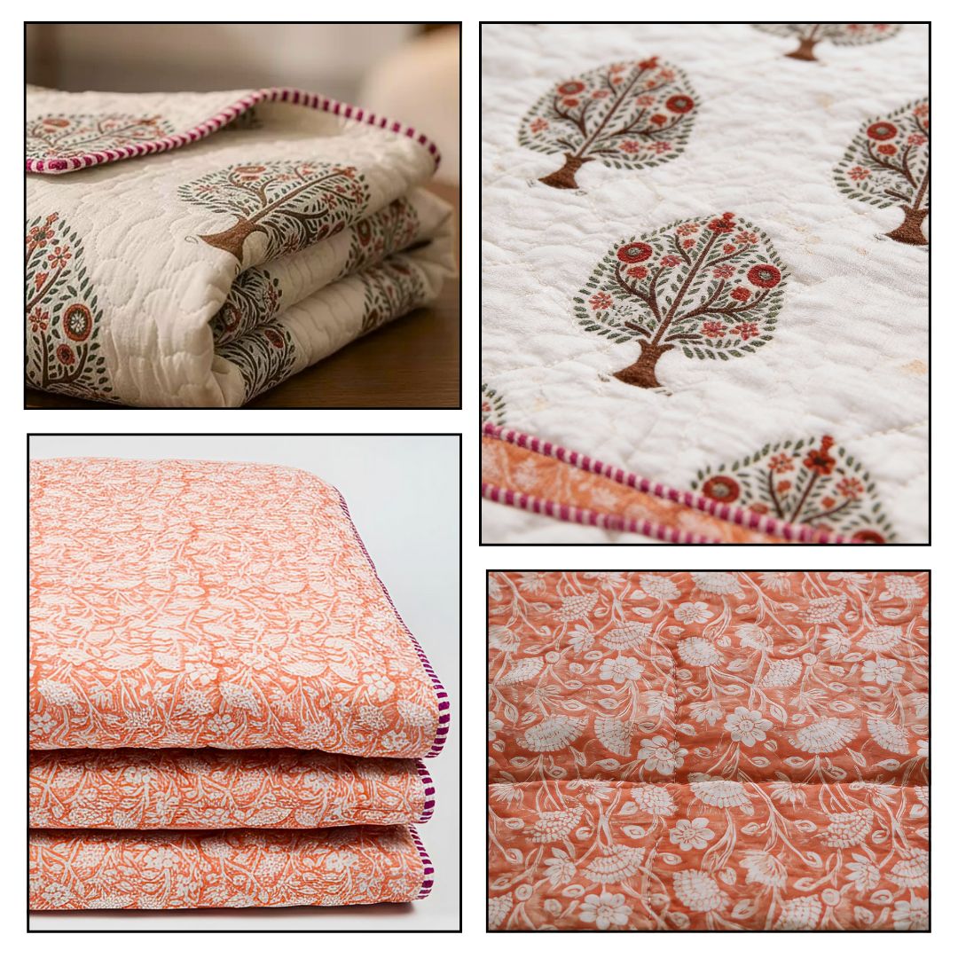 Double Double-Sided Block Printed Cotton Comforter in Grey Floral Pattern