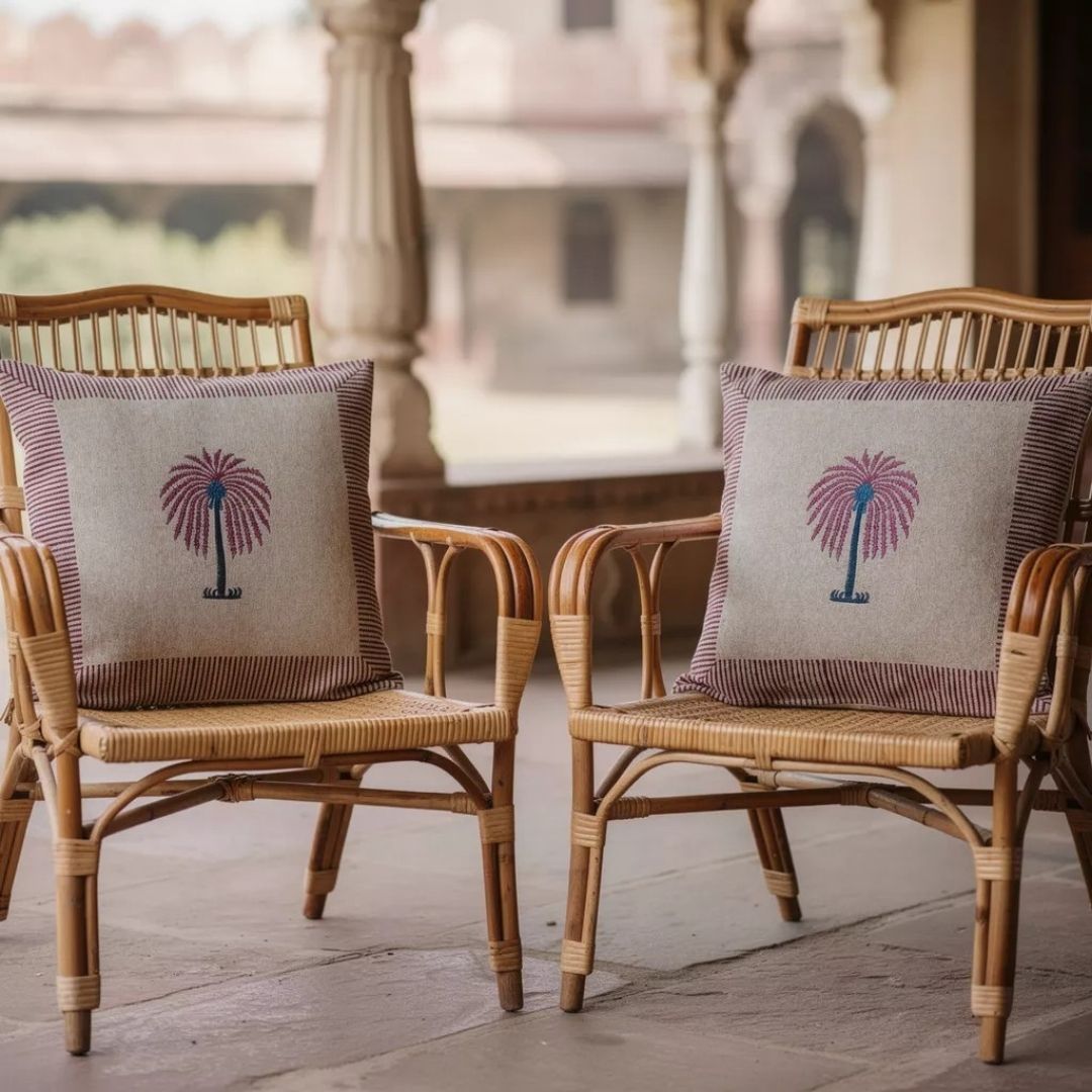 Block Printed South Cotton Cushion Cover with Handcrafted Instrument Motif