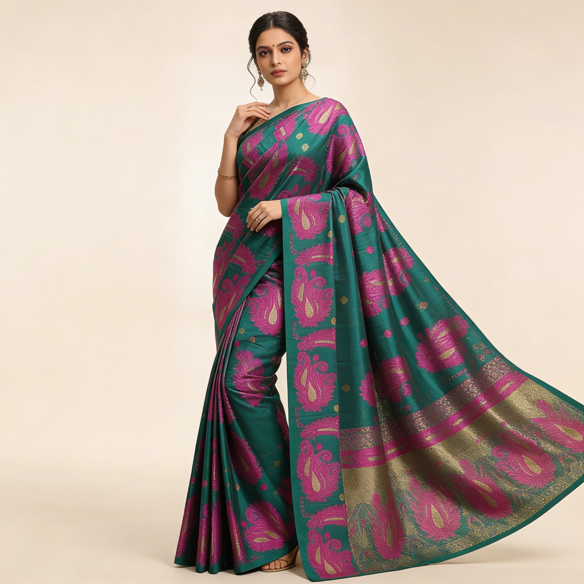 Dhakai Jamdani Saree Green Pink Design