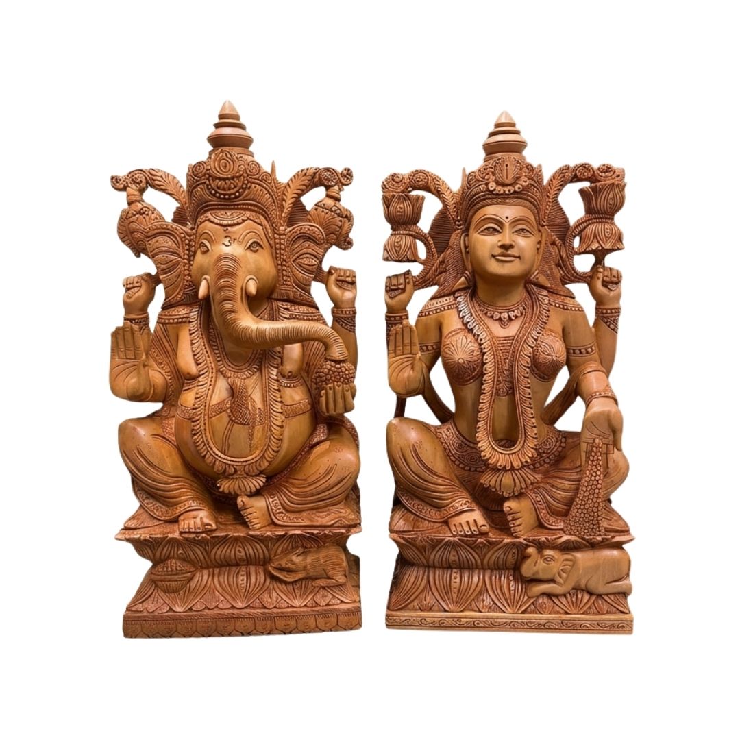 Ganesh Lakshmi Pair Sitting on Lotus Handcrafted in Sandalwood