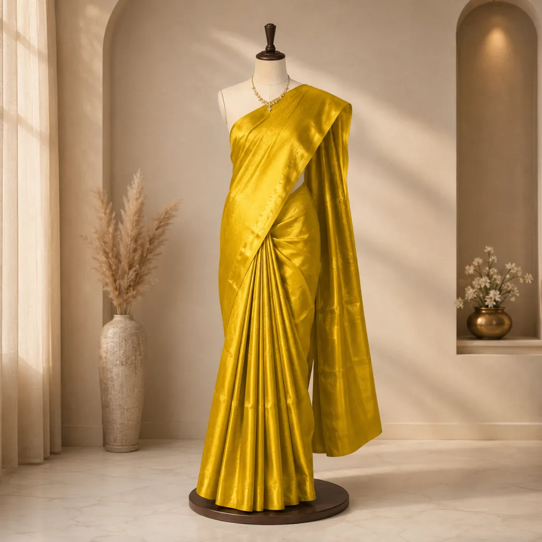 Handcrafted Golden Yellow Bapta Tussar Silk Mangalgiri Saree with Gold Detailing & Blouse Piece 