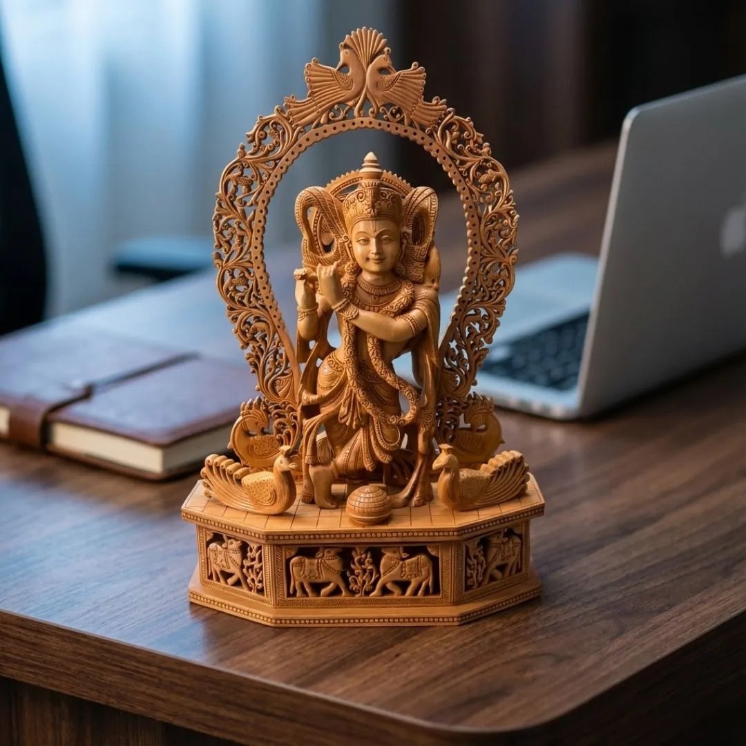 Handcrafted Lord Krishna Sculpture with Flute and Ornate Arch Featuring Peacocks