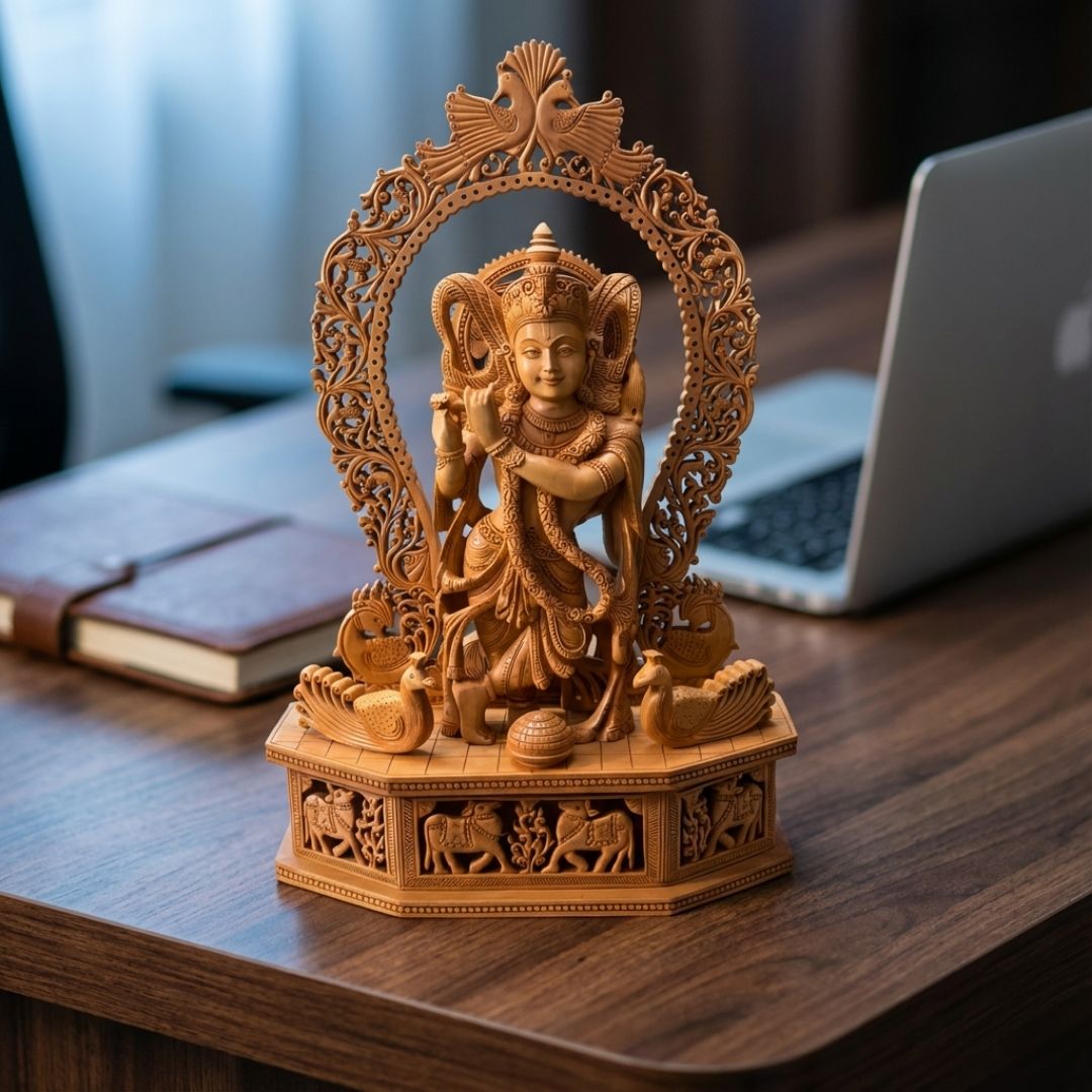 Handcrafted Lord Krishna Sculpture with Flute and Ornate Arch Featuring Peacocks