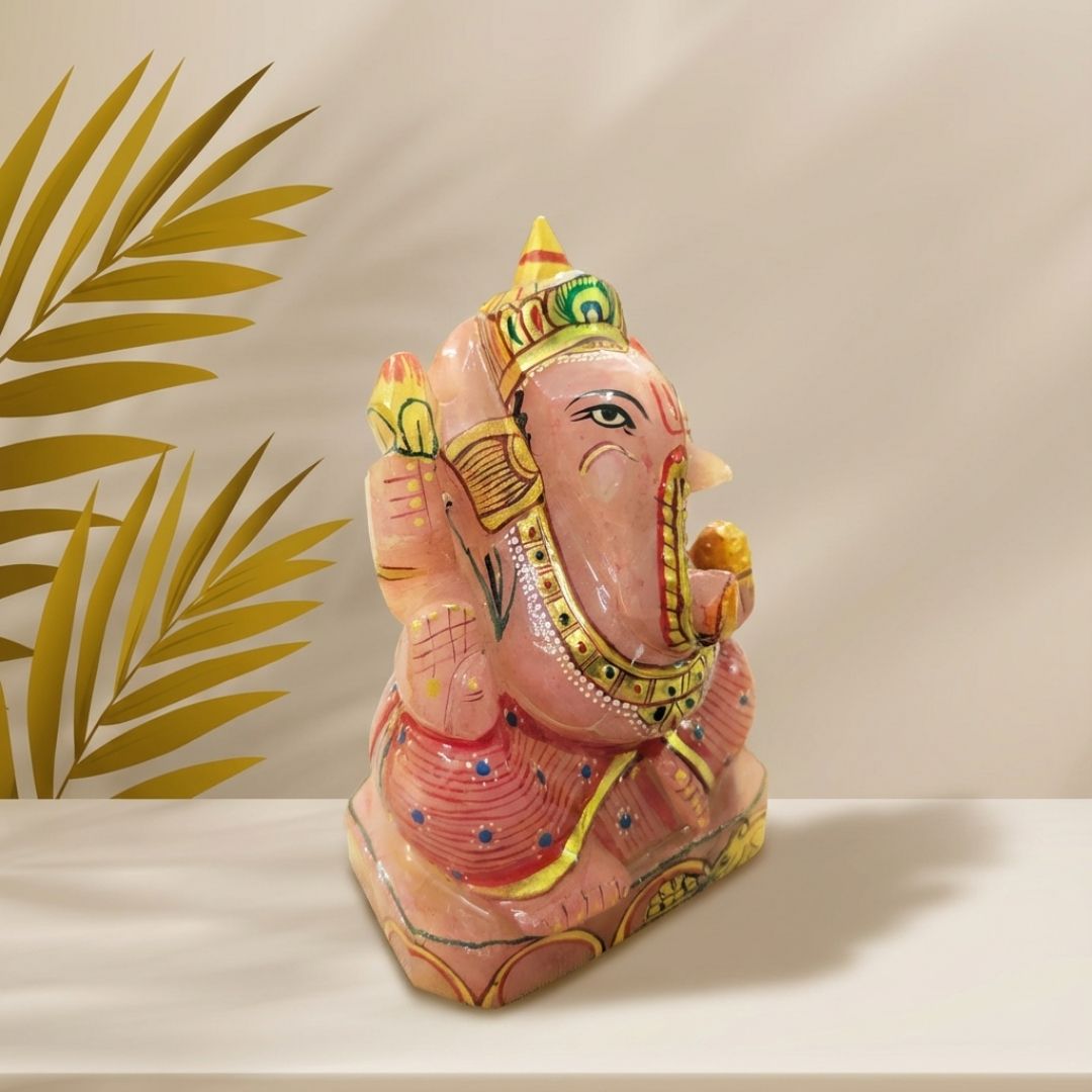 Gemstone Rose Quartz Printed Ganesha Idol for Home and Spiritual Decor