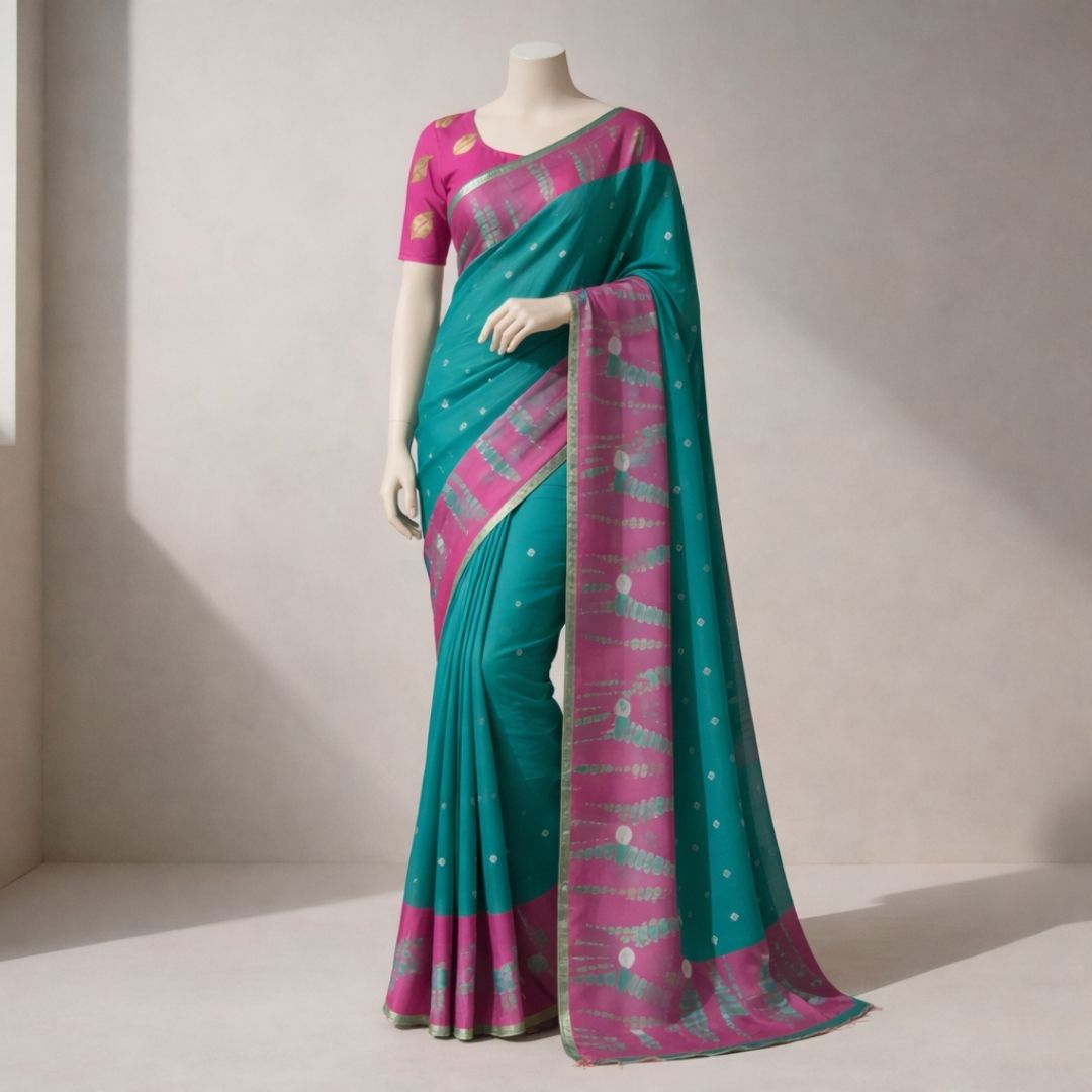 Sifon Bandhej Saree with Matching Blouse and Traditional Tie-Dye Design (Unstitched)