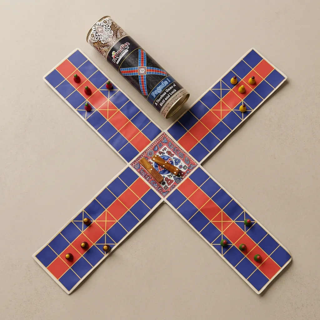 Pagade Board Game – Traditional Indian Pachisi (Parcheesi) Set in Blue & Red | Handmade Wooden Pieces | Includes How-to-Play Guide