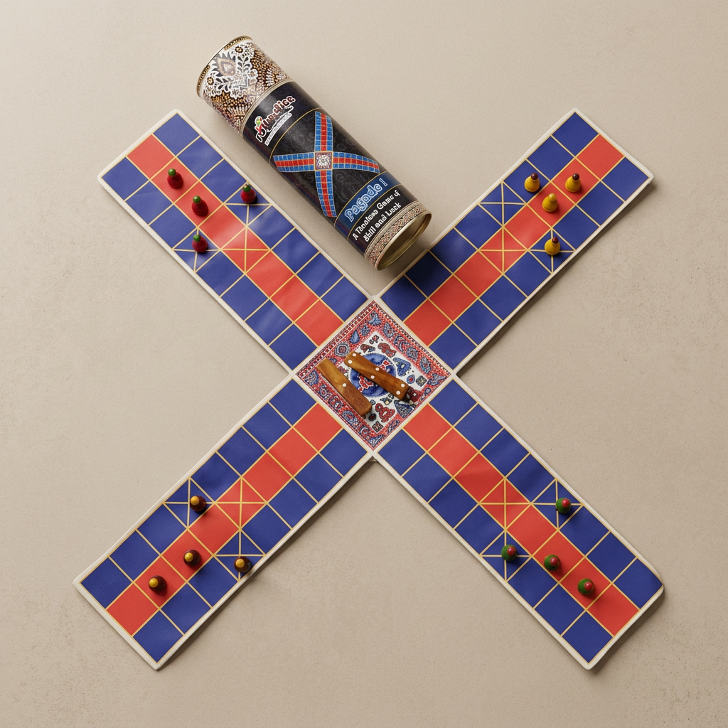 Pagade Board Game – Traditional Indian Pachisi (Parcheesi) Set in Blue & Red | Handmade Wooden Pieces | Includes How-to-Play Guide