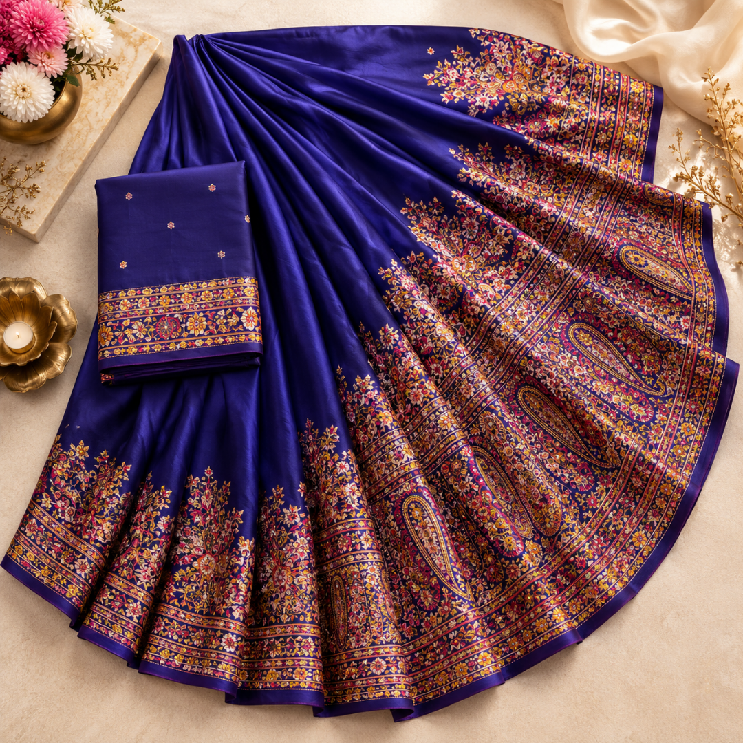 Festive Kashmiri Handcrafted Pashmina Silk Saree – Midnight Blue Elegance