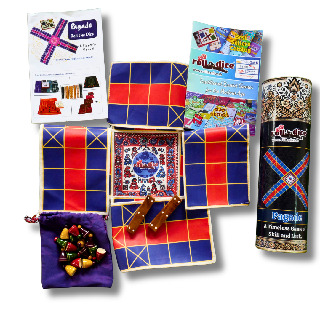 Pagade Board Game – Traditional Indian Pachisi (Parcheesi) Set in Blue & Red | Handmade Wooden Pieces | Includes How-to-Play Guide