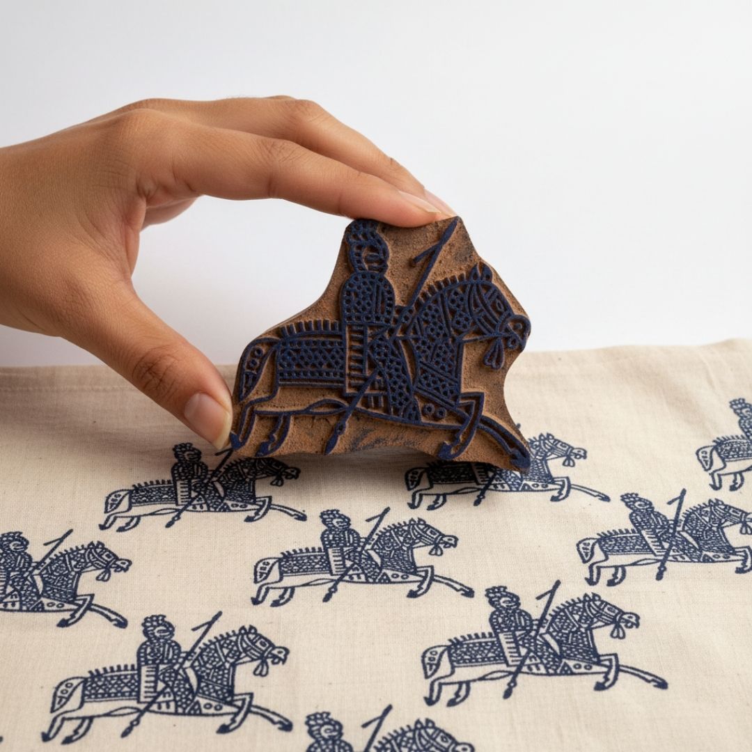 Hand-Carved Gurjan Wood Printing Block with Horse & Rider Motif